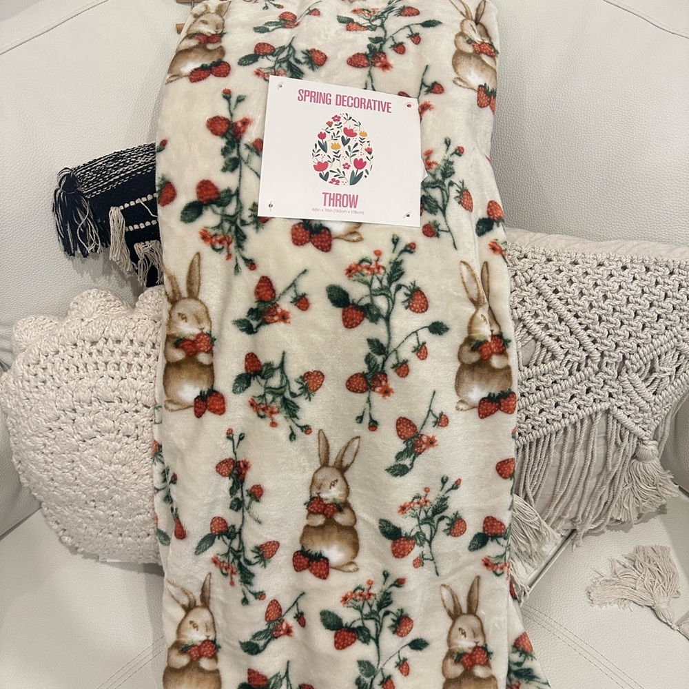 Spring Decorative Throw with Bunny and Strawberry Design